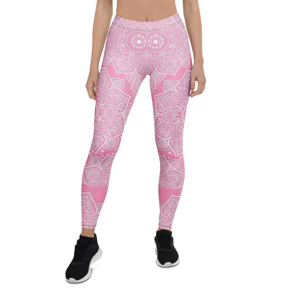 Personalisierte Damen Yoga Leggings Mandala Design Pink Weiß Sportleggings Fitnesshose E806