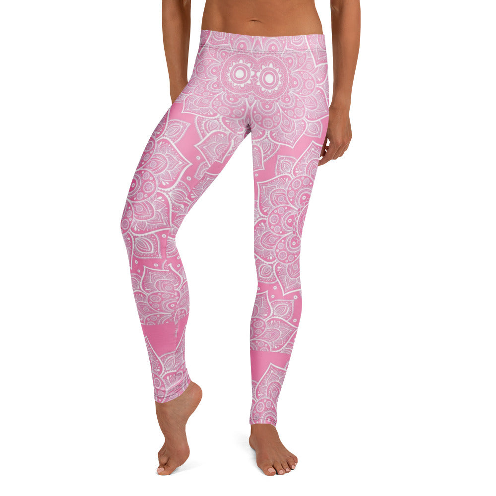 Personalisierte Damen Yoga Leggings Mandala Design Pink Weiß Sportleggings Fitnesshose E806