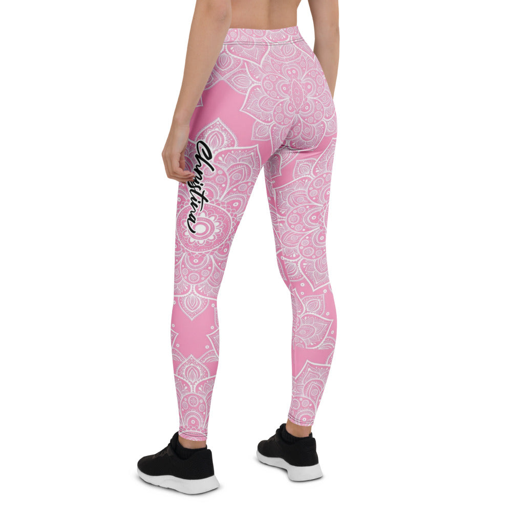 Personalisierte Damen Yoga Leggings Mandala Design Pink Weiß Sportleggings Fitnesshose E806