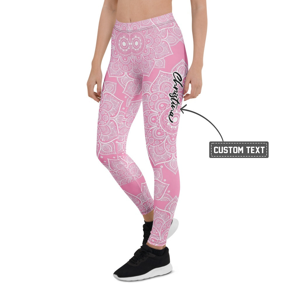 Personalisierte Damen Yoga Leggings Mandala Design Pink Weiß Sportleggings Fitnesshose E806 - XL