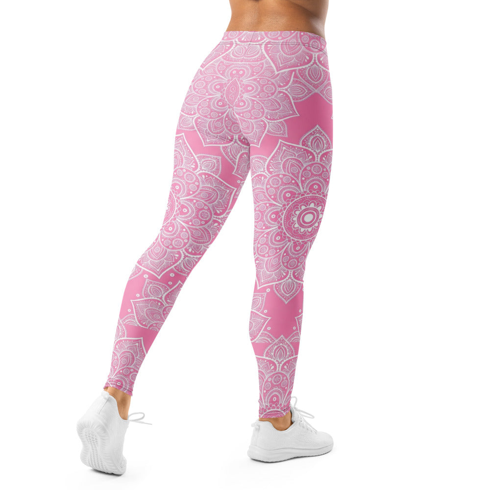 Personalisierte Damen Yoga Leggings Mandala Design Pink Weiß Sportleggings Fitnesshose E806