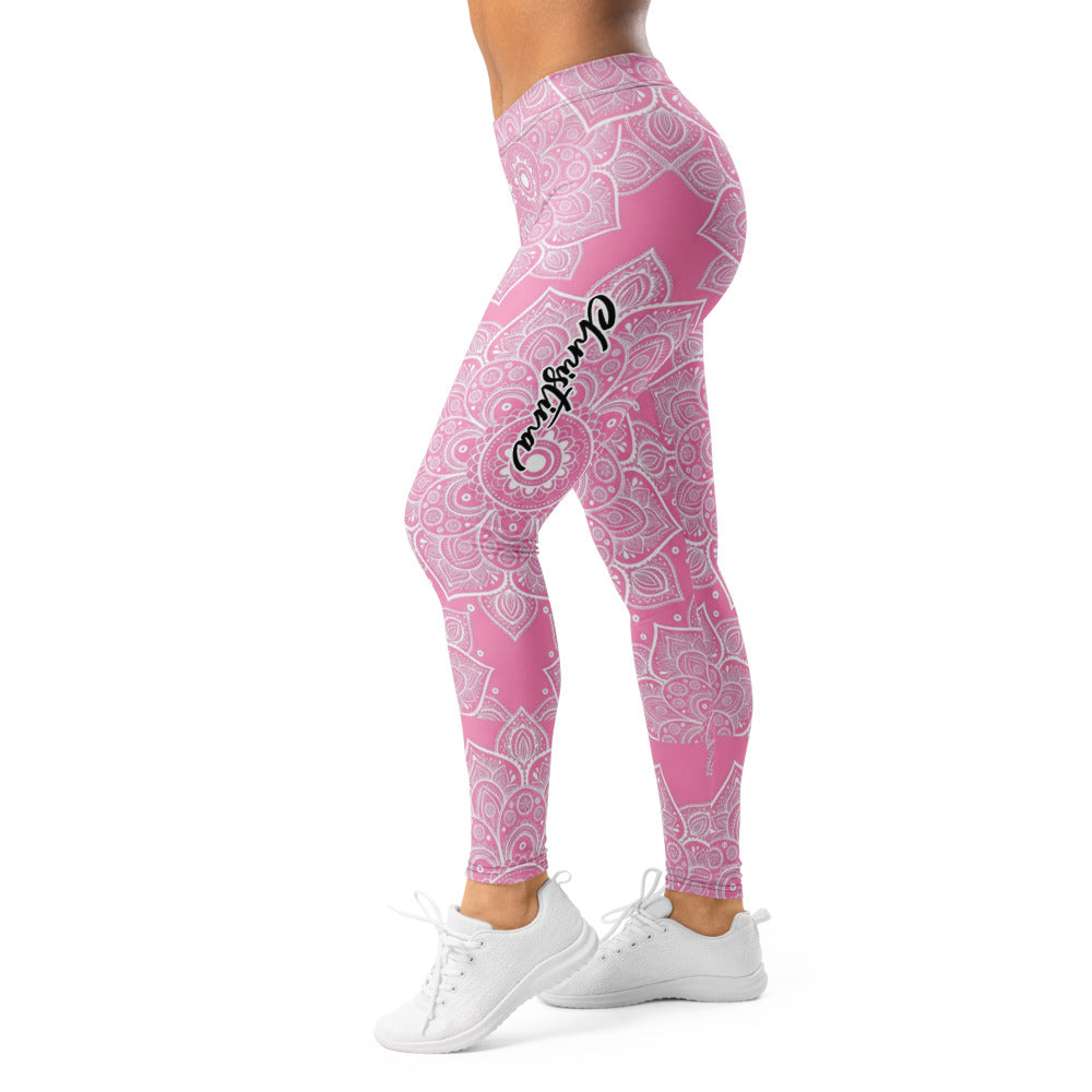 Personalisierte Damen Yoga Leggings Mandala Design Pink Weiß Sportleggings Fitnesshose E806