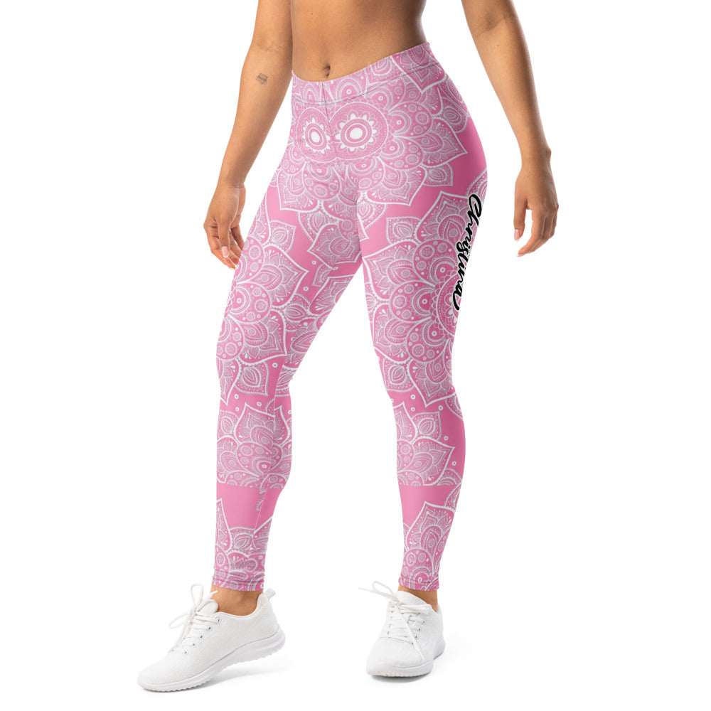 Personalisierte Damen Yoga Leggings Mandala Design Pink Weiß Sportleggings Fitnesshose E806
