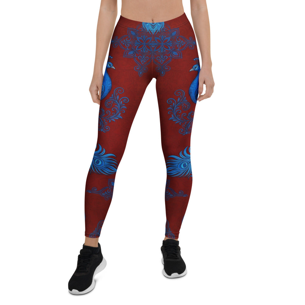 Personalisierte Damen Sportleggings Pfau Design Dunkelrot Blau Fitness Yoga Leggings Mandala Muster M723