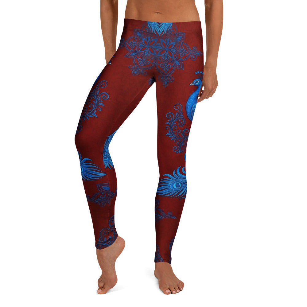 Personalisierte Damen Sportleggings Pfau Design Dunkelrot Blau Fitness Yoga Leggings Mandala Muster M723