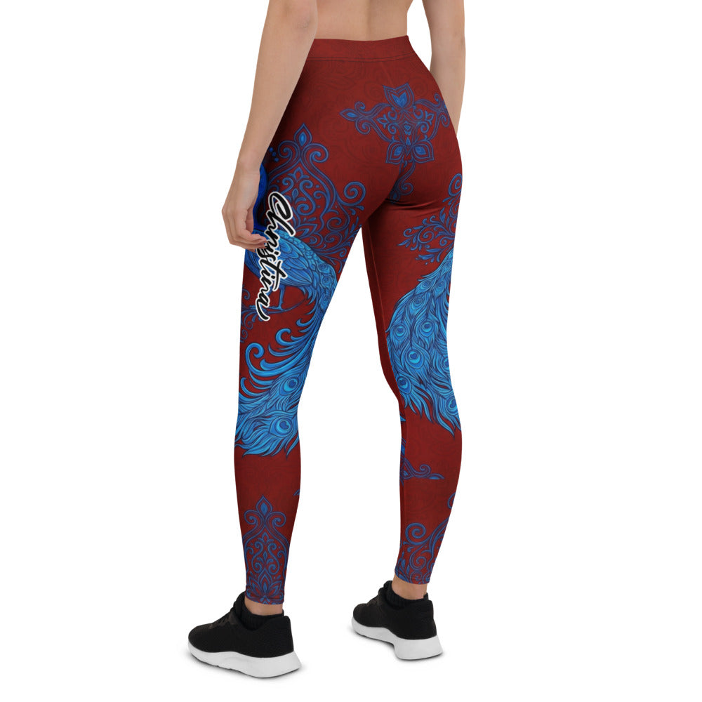 Personalisierte Damen Sportleggings Pfau Design Dunkelrot Blau Fitness Yoga Leggings Mandala Muster M723