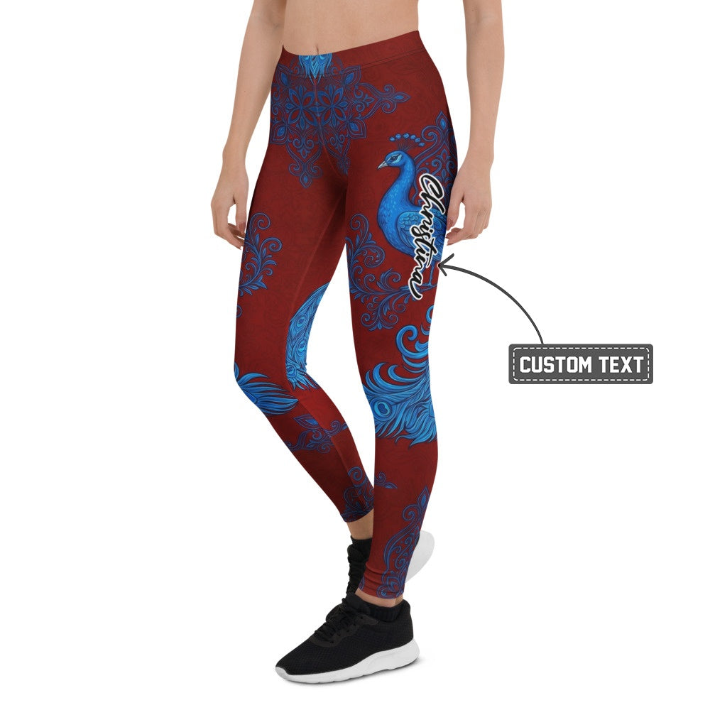 Personalisierte Damen Sportleggings Pfau Design Dunkelrot Blau Fitness Yoga Leggings Mandala Muster M723 - XL