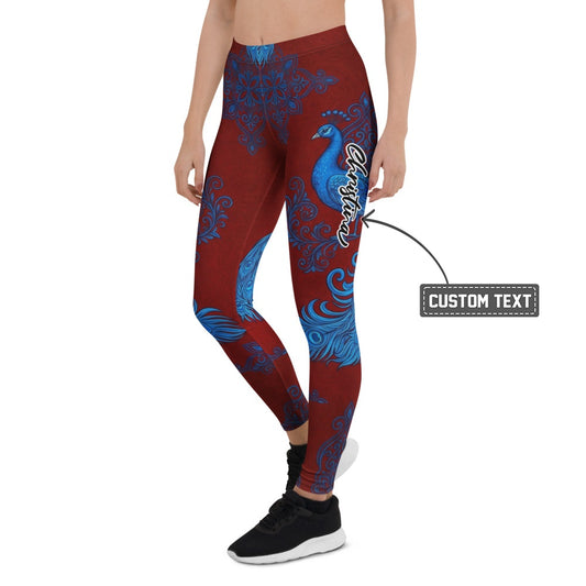 Personalisierte Damen Sportleggings Pfau Design Dunkelrot Blau Fitness Yoga Leggings Mandala Muster M723 - XL