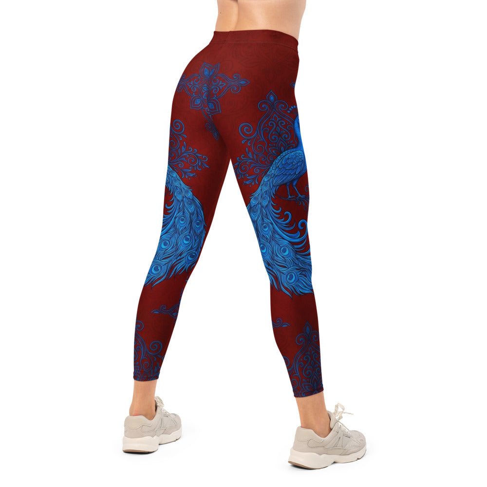 Personalisierte Damen Sportleggings Pfau Design Dunkelrot Blau Fitness Yoga Leggings Mandala Muster M723