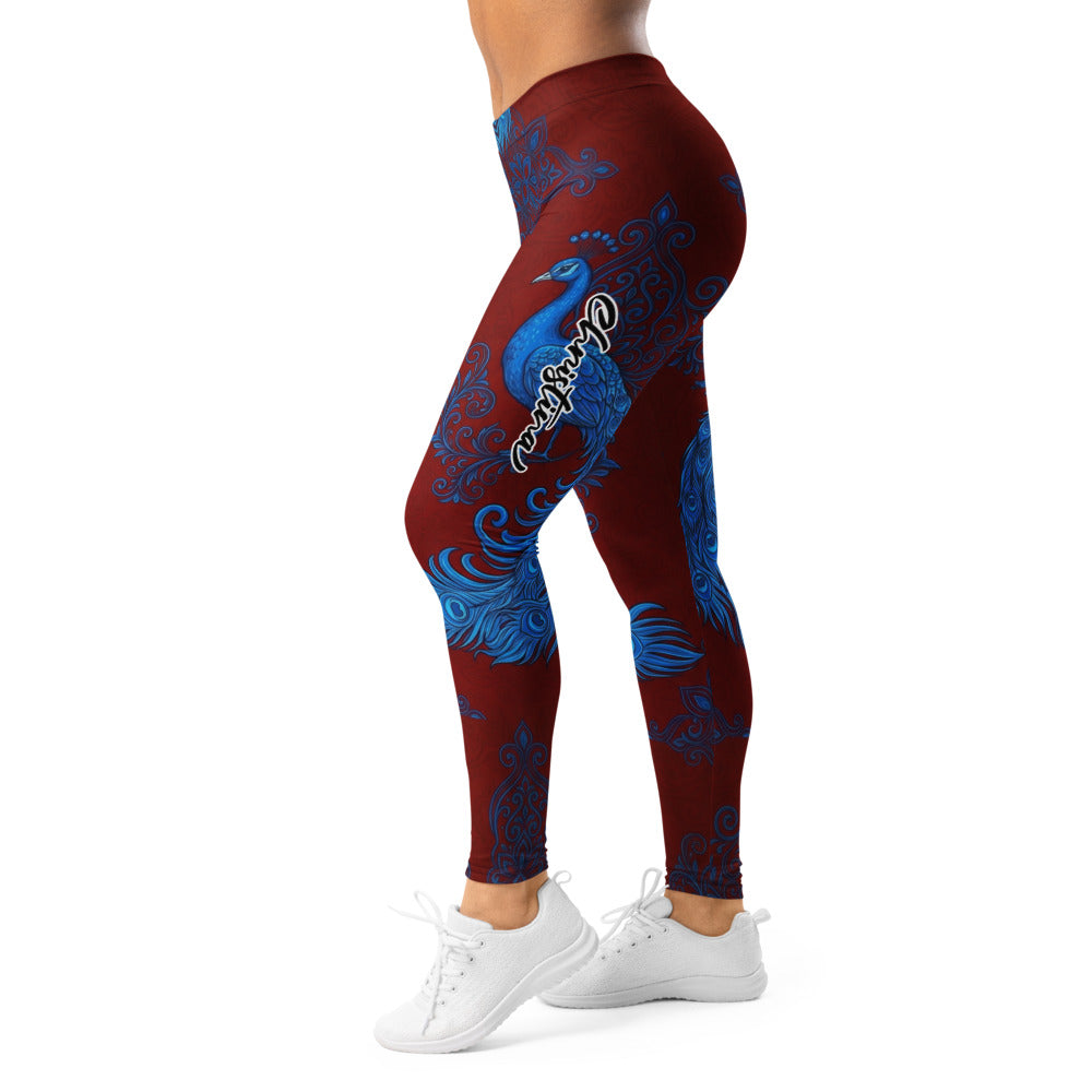 Personalisierte Damen Sportleggings Pfau Design Dunkelrot Blau Fitness Yoga Leggings Mandala Muster M723