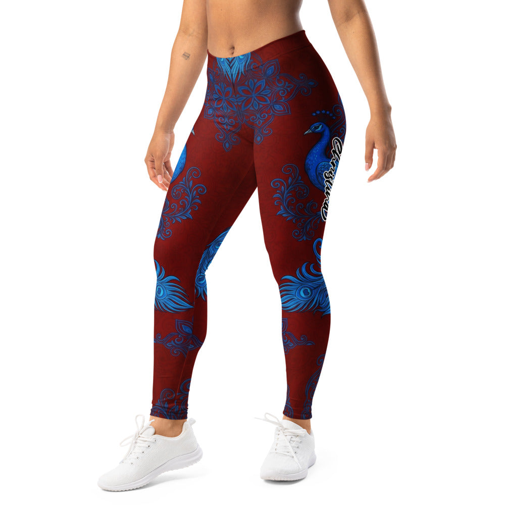 Personalisierte Damen Sportleggings Pfau Design Dunkelrot Blau Fitness Yoga Leggings Mandala Muster M723
