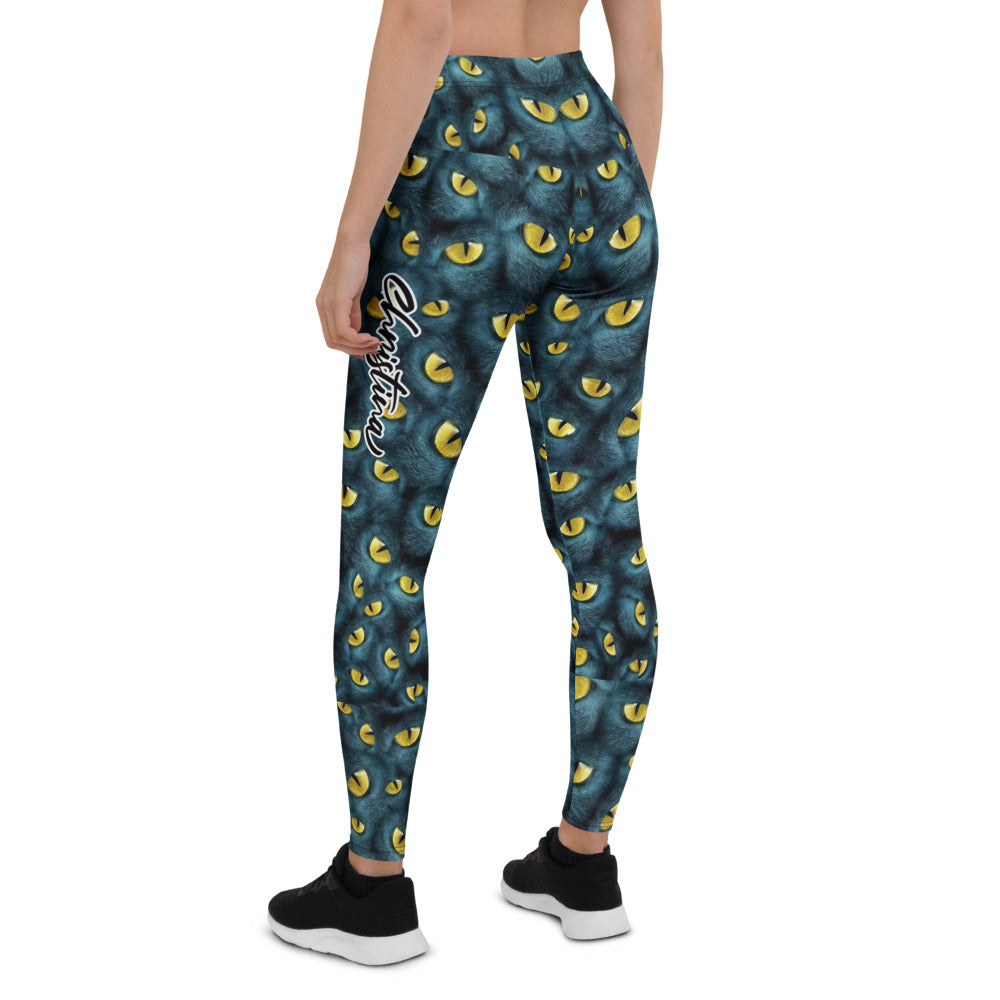 Personalisierte Sportleggings Damen Katzenaugen Muster Schwarz Gelb Fitness Leggings A297