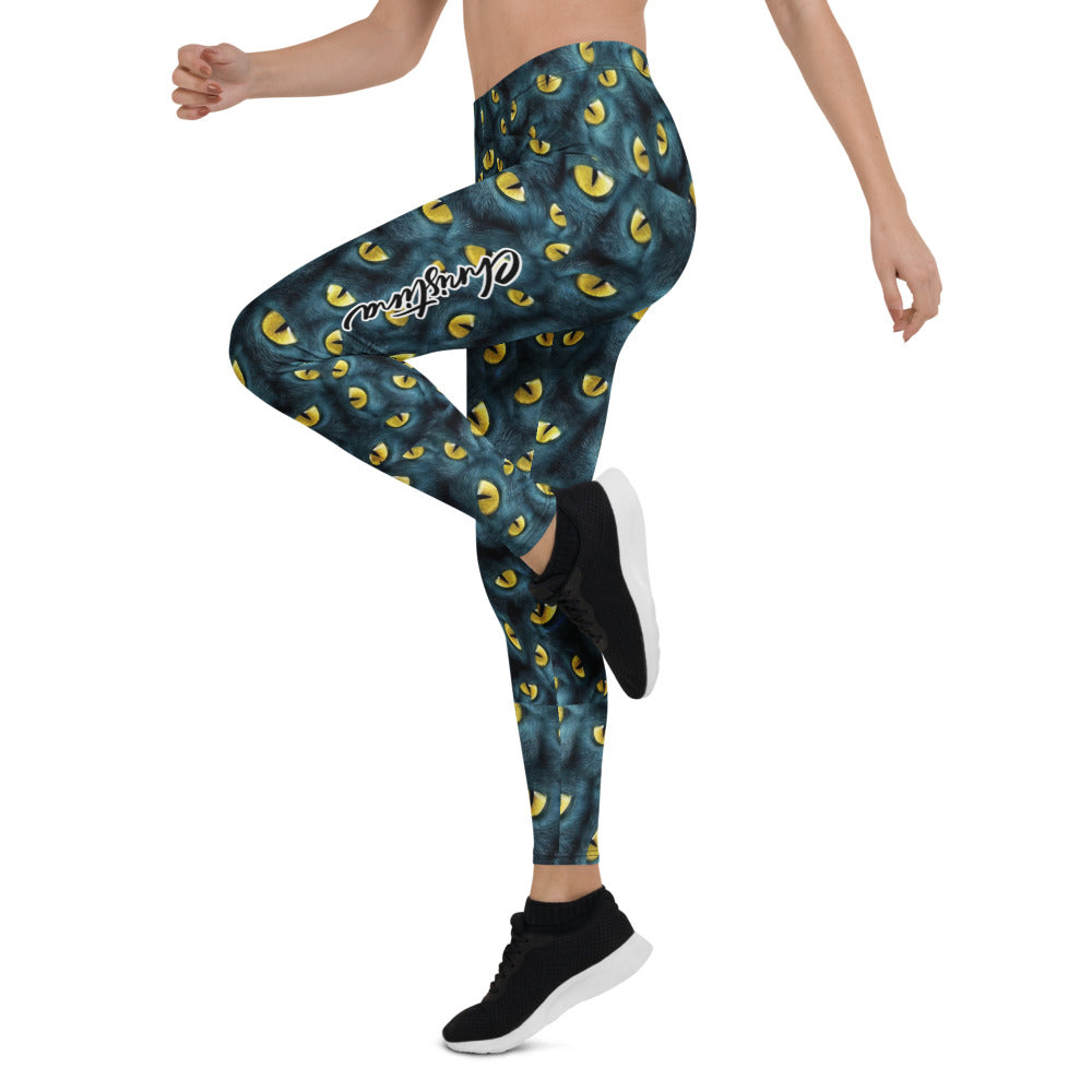 Personalisierte Sportleggings Damen Katzenaugen Muster Schwarz Gelb Fitness Leggings A297