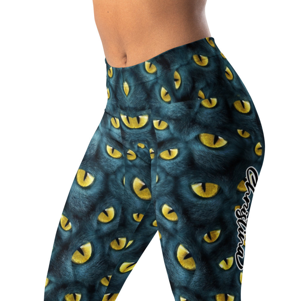 Personalisierte Sportleggings Damen Katzenaugen Muster Schwarz Gelb Fitness Leggings A297