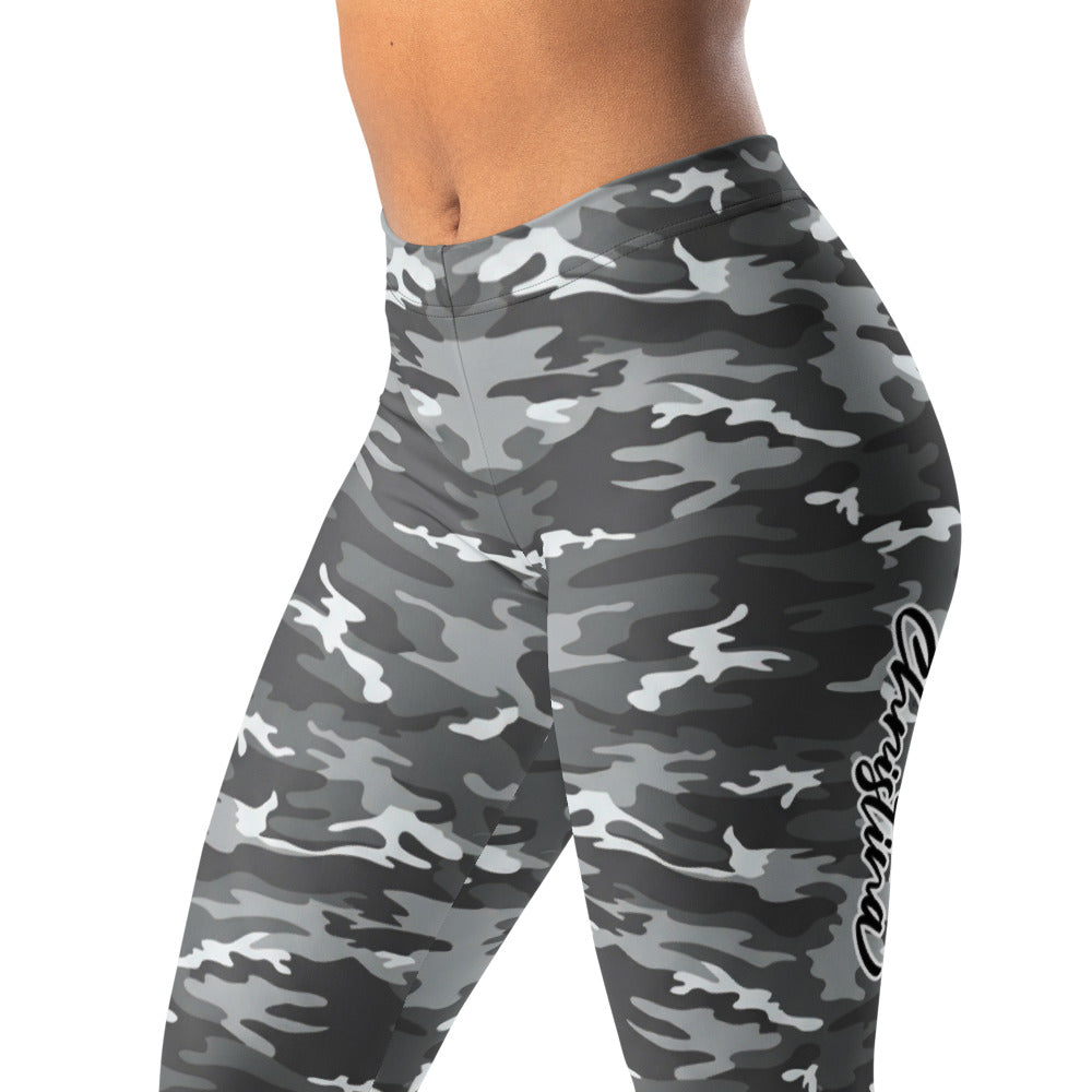 Personalisierte Damen Sportleggings Camouflage Grau Schwarz Fitness Leggings Tarnmuster T834