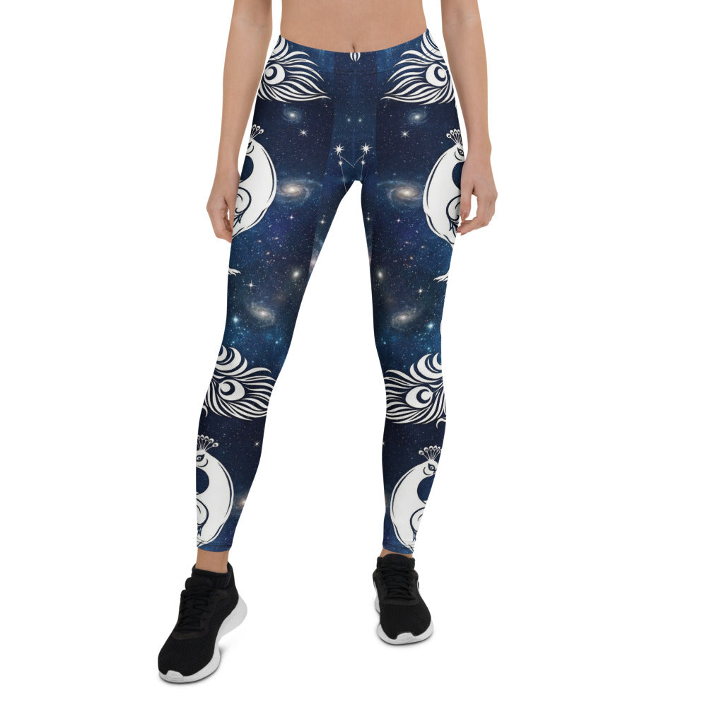 Personalisierte Damen Sportleggings Pfau Galaxy Design Blau Weiß Fitness Leggings Yoga Hose Weltraum Motiv T057