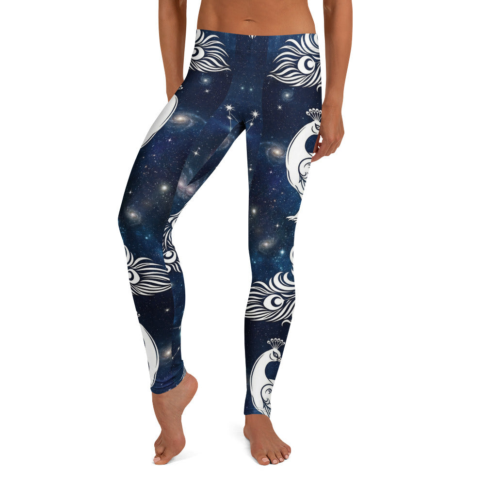 Personalisierte Damen Sportleggings Pfau Galaxy Design Blau Weiß Fitness Leggings Yoga Hose Weltraum Motiv T057