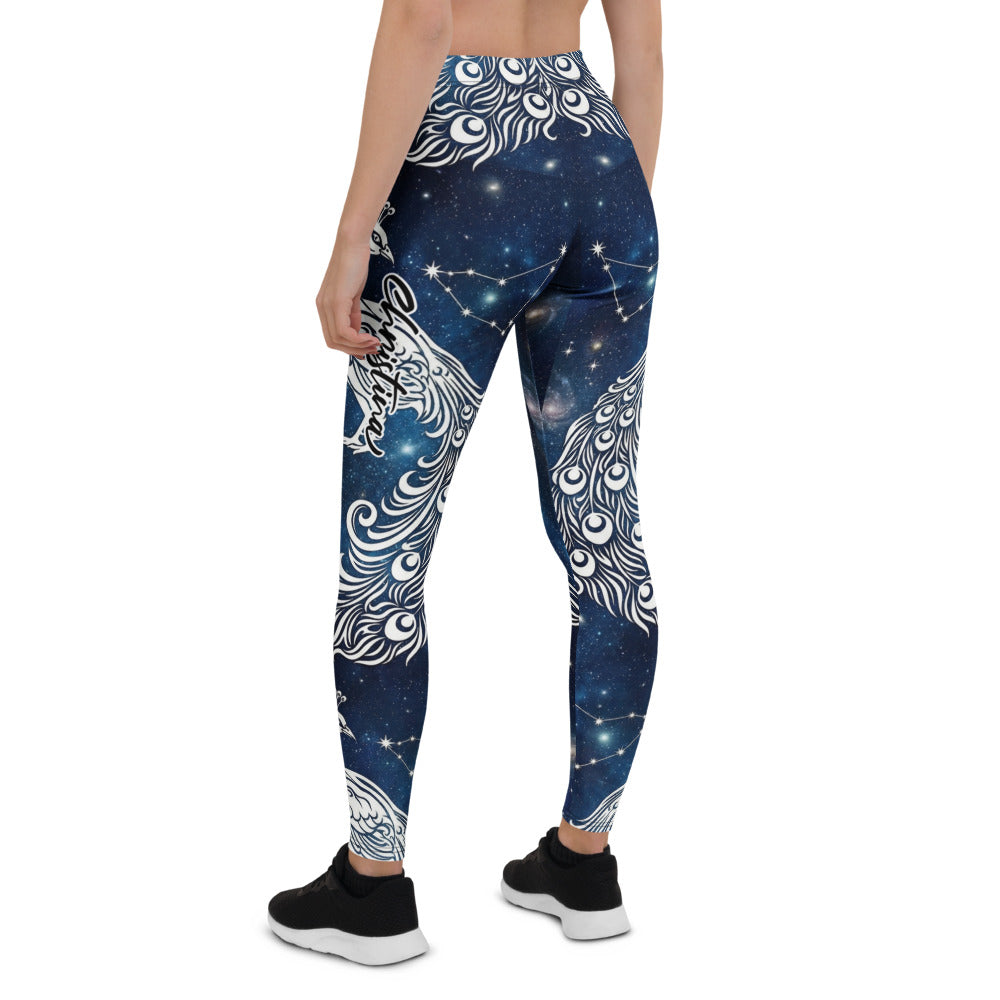 Personalisierte Damen Sportleggings Pfau Galaxy Design Blau Weiß Fitness Leggings Yoga Hose Weltraum Motiv T057