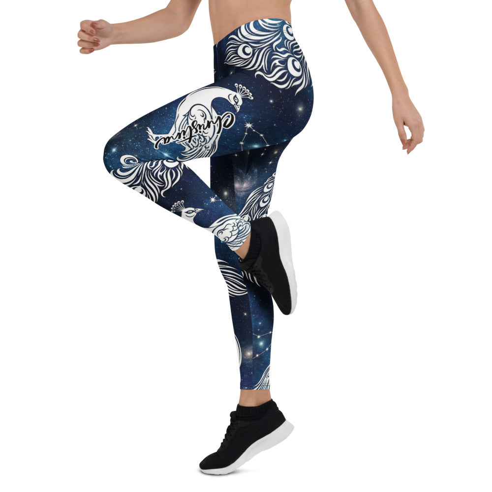 Personalisierte Damen Sportleggings Pfau Galaxy Design Blau Weiß Fitness Leggings Yoga Hose Weltraum Motiv T057
