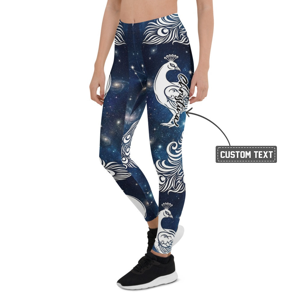Personalisierte Damen Sportleggings Pfau Galaxy Design Blau Weiß Fitness Leggings Yoga Hose Weltraum Motiv T057 - XL