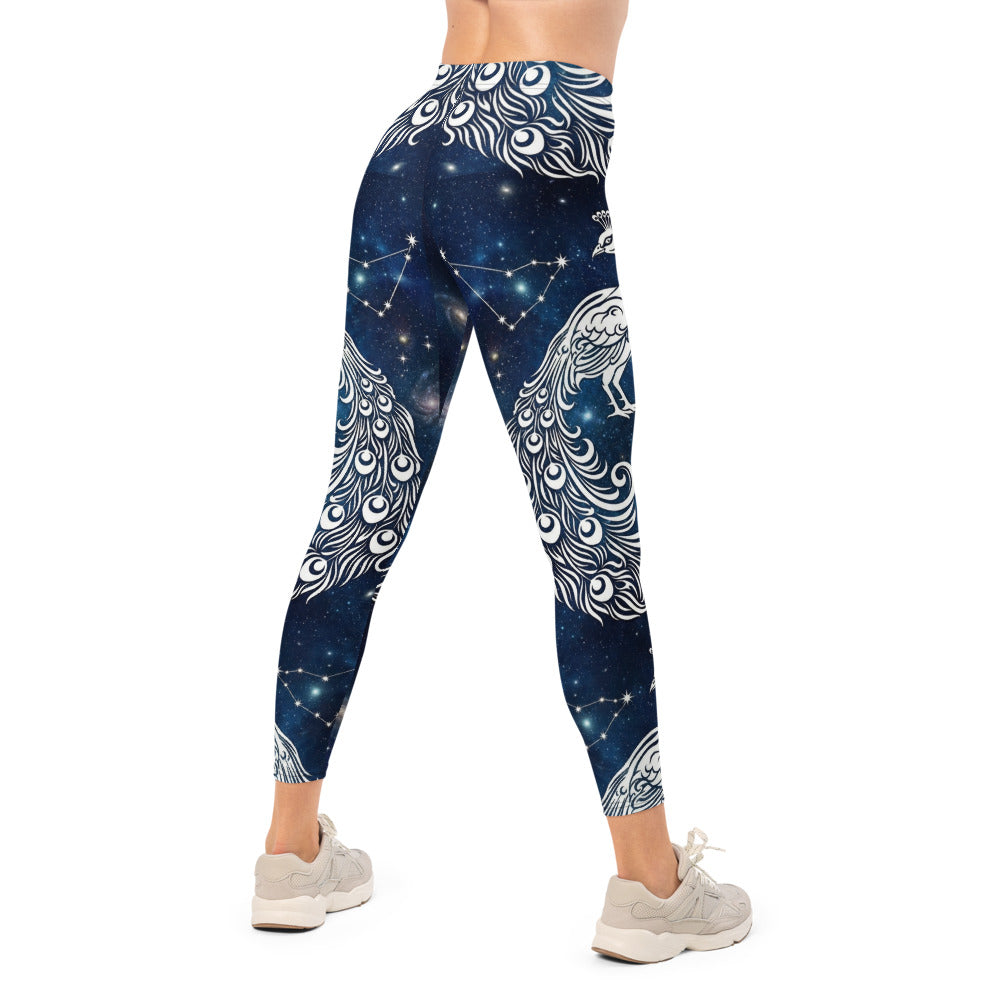 Personalisierte Damen Sportleggings Pfau Galaxy Design Blau Weiß Fitness Leggings Yoga Hose Weltraum Motiv T057