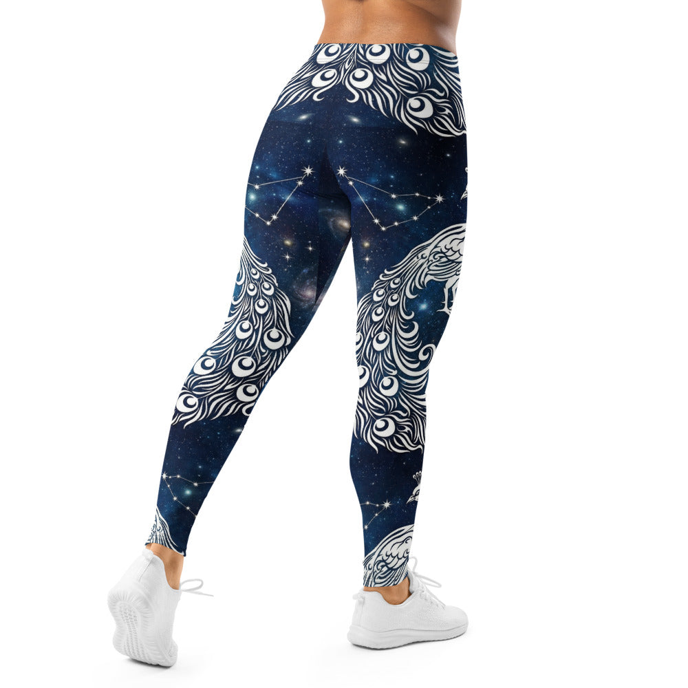 Personalisierte Damen Sportleggings Pfau Galaxy Design Blau Weiß Fitness Leggings Yoga Hose Weltraum Motiv T057