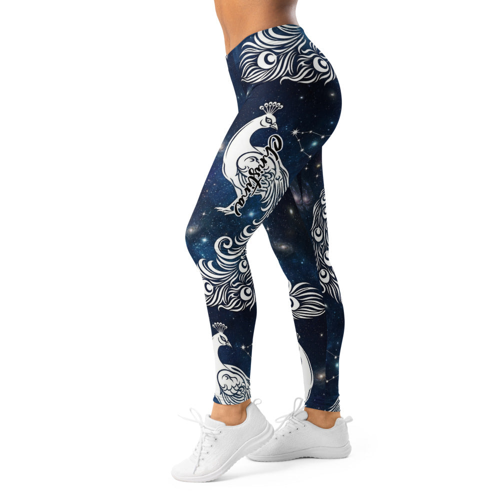 Personalisierte Damen Sportleggings Pfau Galaxy Design Blau Weiß Fitness Leggings Yoga Hose Weltraum Motiv T057