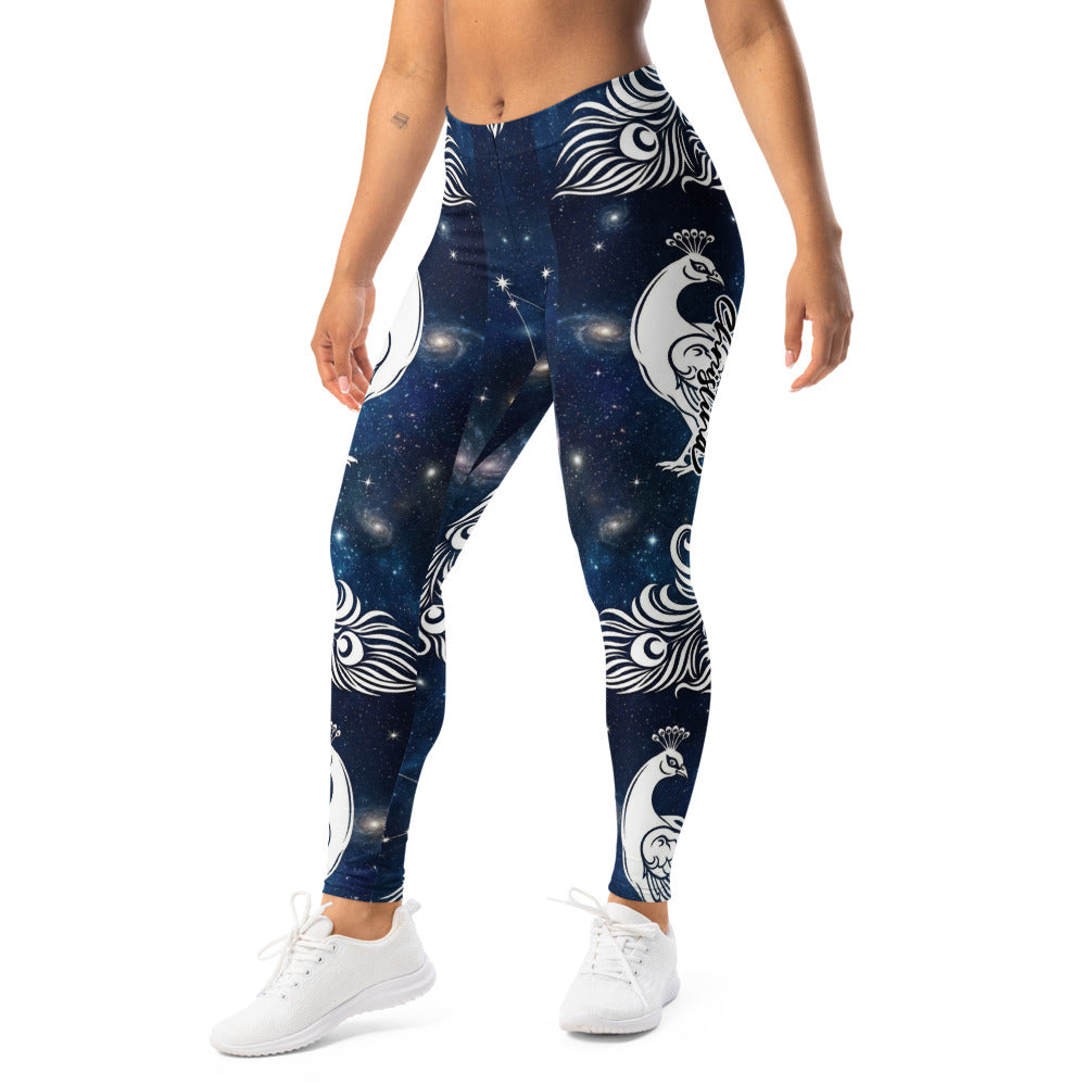 Personalisierte Damen Sportleggings Pfau Galaxy Design Blau Weiß Fitness Leggings Yoga Hose Weltraum Motiv T057