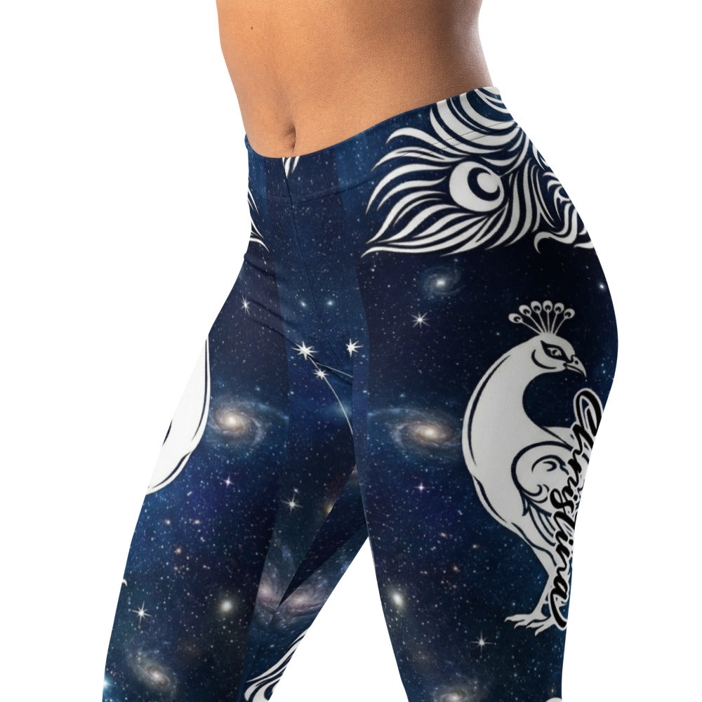 Personalisierte Damen Sportleggings Pfau Galaxy Design Blau Weiß Fitness Leggings Yoga Hose Weltraum Motiv T057