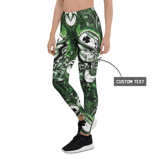 Personalisierte Sportleggings Damen St. Patrick's Day Leprechaun Design Grün Weiß Fitness Leggings Q361 - XL