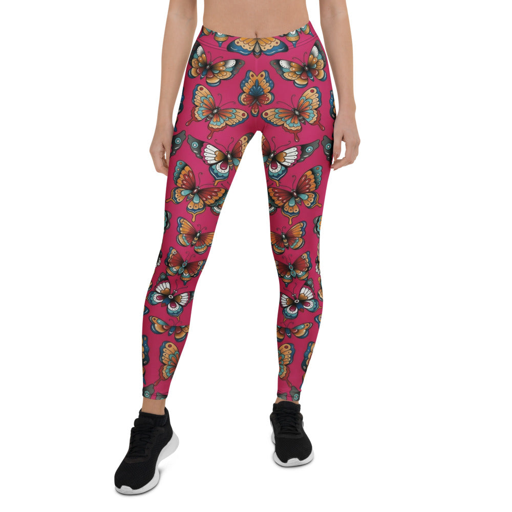 Personalisierte Damen Sportleggings Schmetterlingsmuster Pink Beere Fitness Leggings Tattoo Design V860