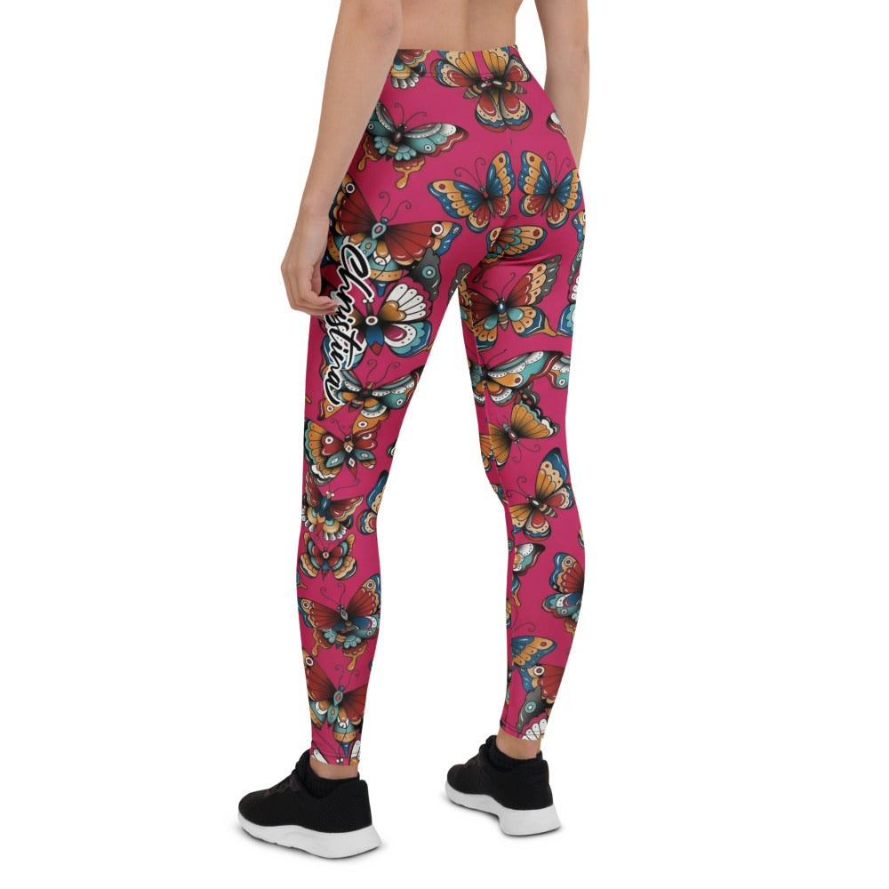 Personalisierte Damen Sportleggings Schmetterlingsmuster Pink Beere Fitness Leggings Tattoo Design V860