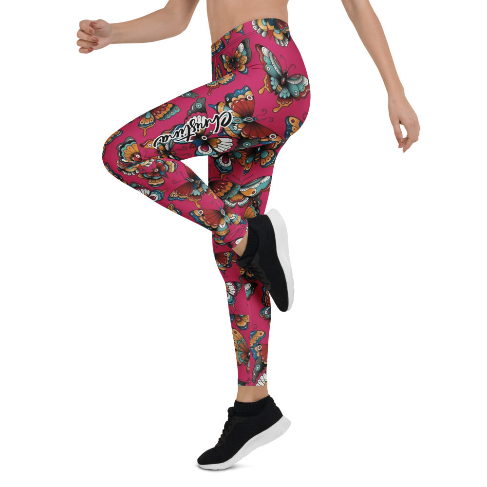 Personalisierte Damen Sportleggings Schmetterlingsmuster Pink Beere Fitness Leggings Tattoo Design V860