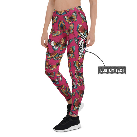 Personalisierte Damen Sportleggings Schmetterlingsmuster Pink Beere Fitness Leggings Tattoo Design V860 - XL