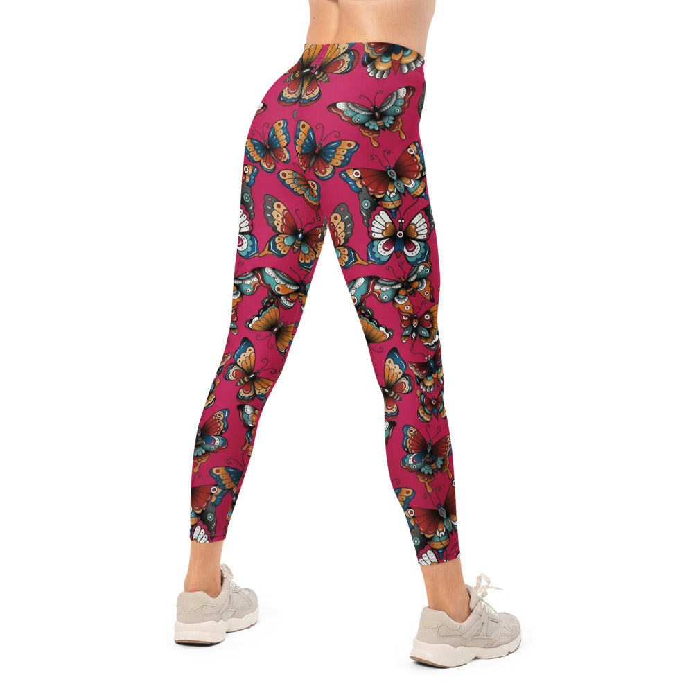 Personalisierte Damen Sportleggings Schmetterlingsmuster Pink Beere Fitness Leggings Tattoo Design V860