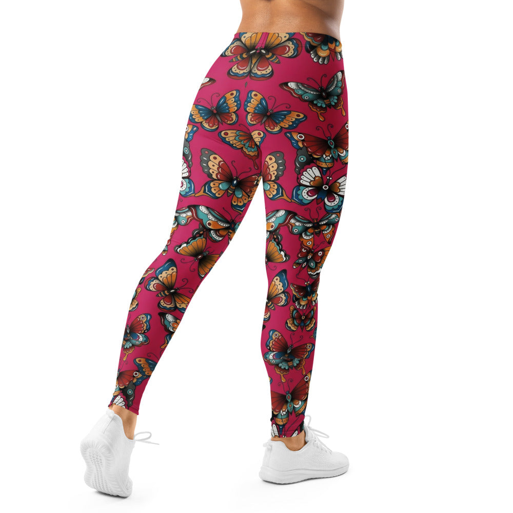 Personalisierte Damen Sportleggings Schmetterlingsmuster Pink Beere Fitness Leggings Tattoo Design V860