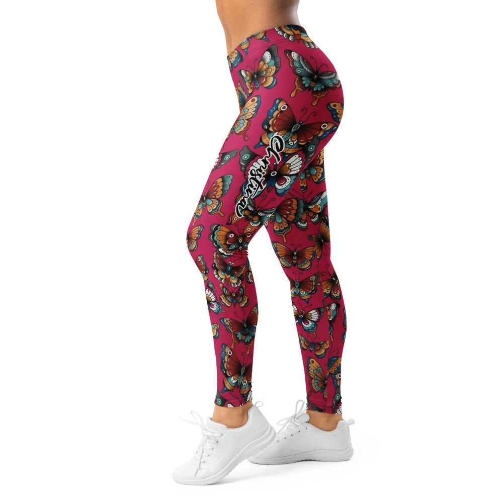 Personalisierte Damen Sportleggings Schmetterlingsmuster Pink Beere Fitness Leggings Tattoo Design V860