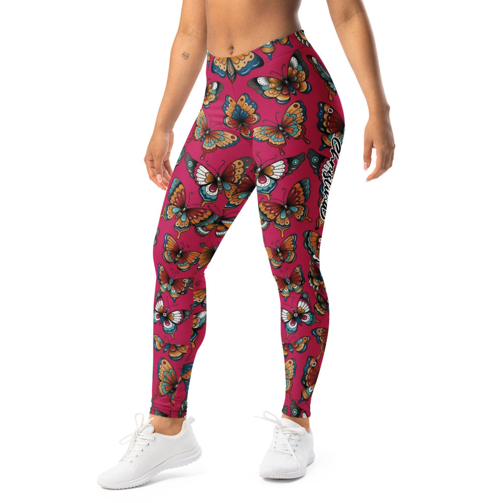 Personalisierte Damen Sportleggings Schmetterlingsmuster Pink Beere Fitness Leggings Tattoo Design V860