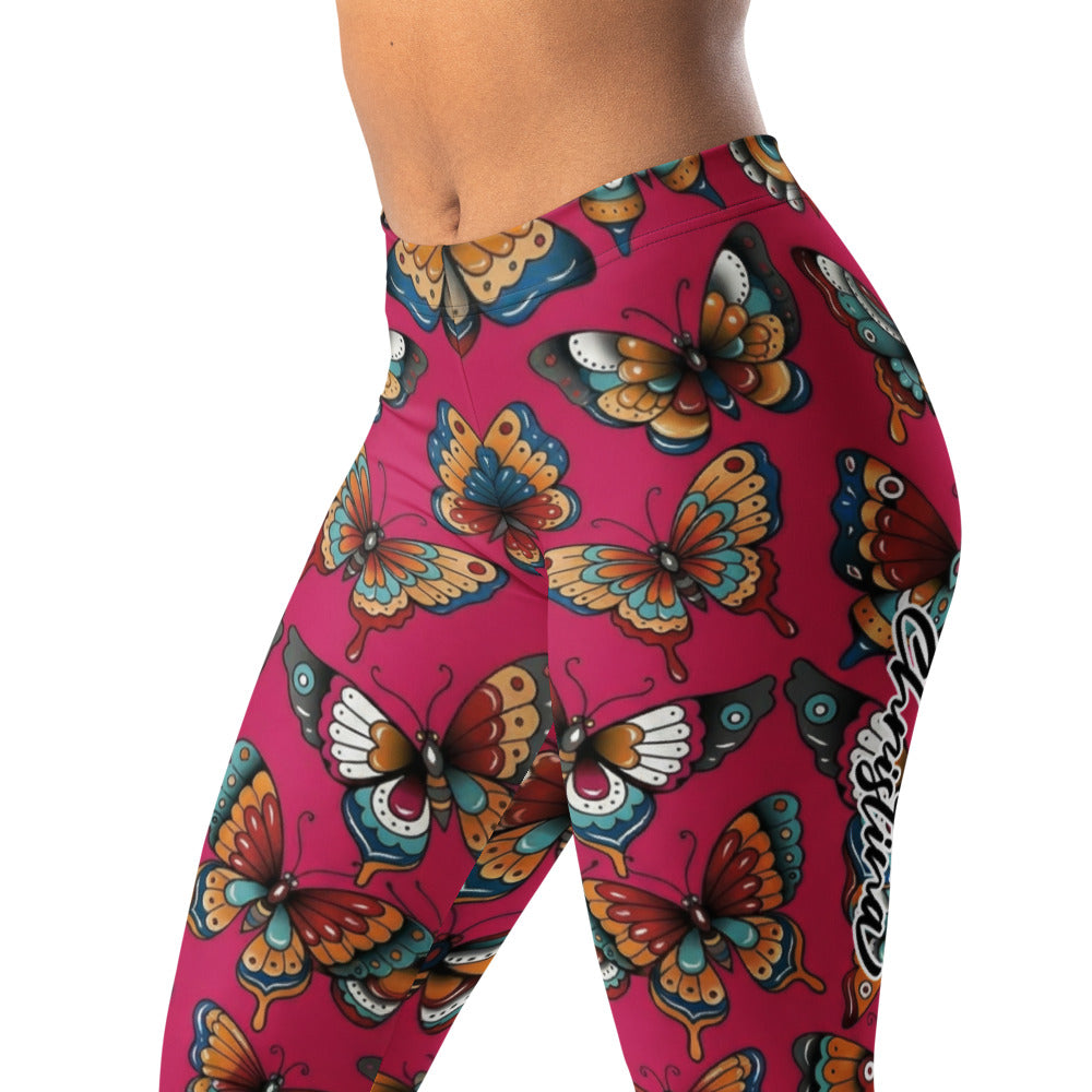 Personalisierte Damen Sportleggings Schmetterlingsmuster Pink Beere Fitness Leggings Tattoo Design V860