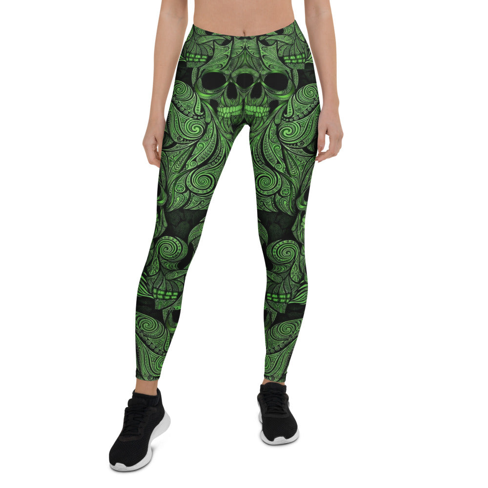 Personalisierte Sportleggings Damen Totenkopf Ornament Design Grün Schwarz Fitness Leggings Yoga Hose X035