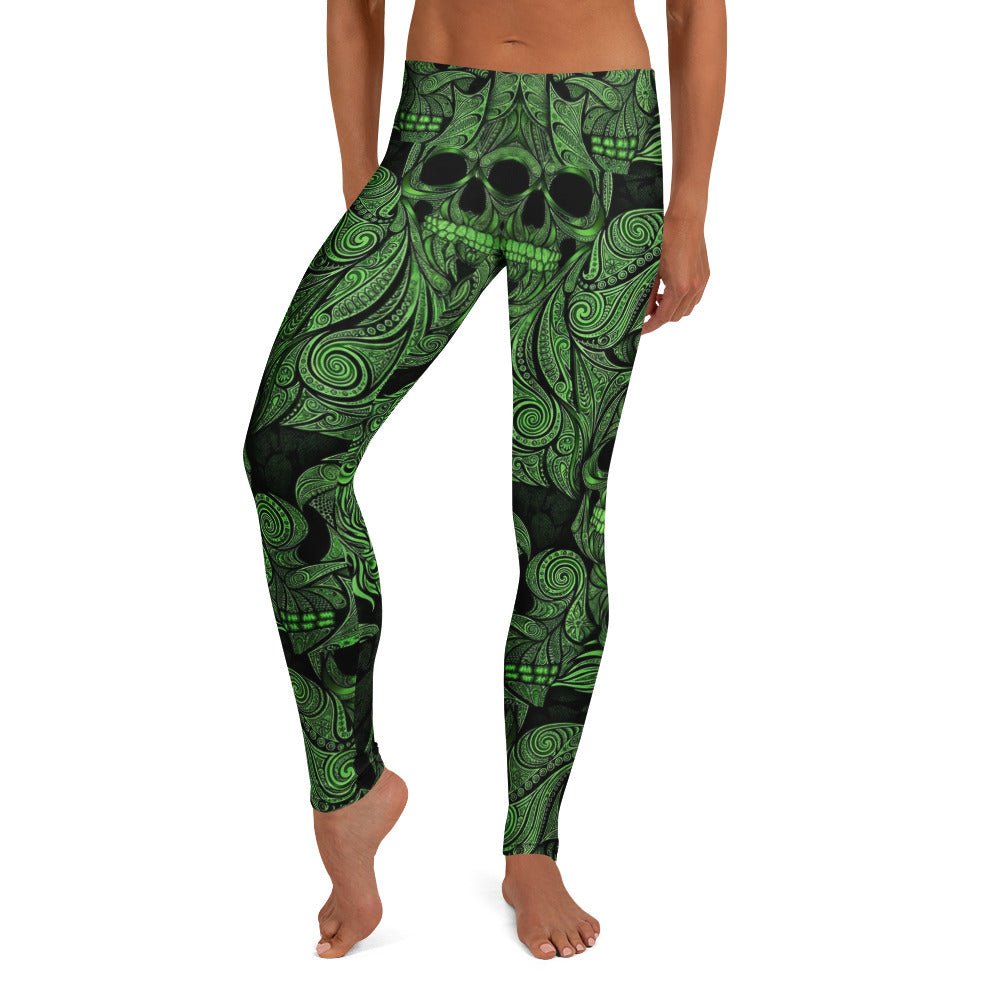 Personalisierte Sportleggings Damen Totenkopf Ornament Design Grün Schwarz Fitness Leggings Yoga Hose X035