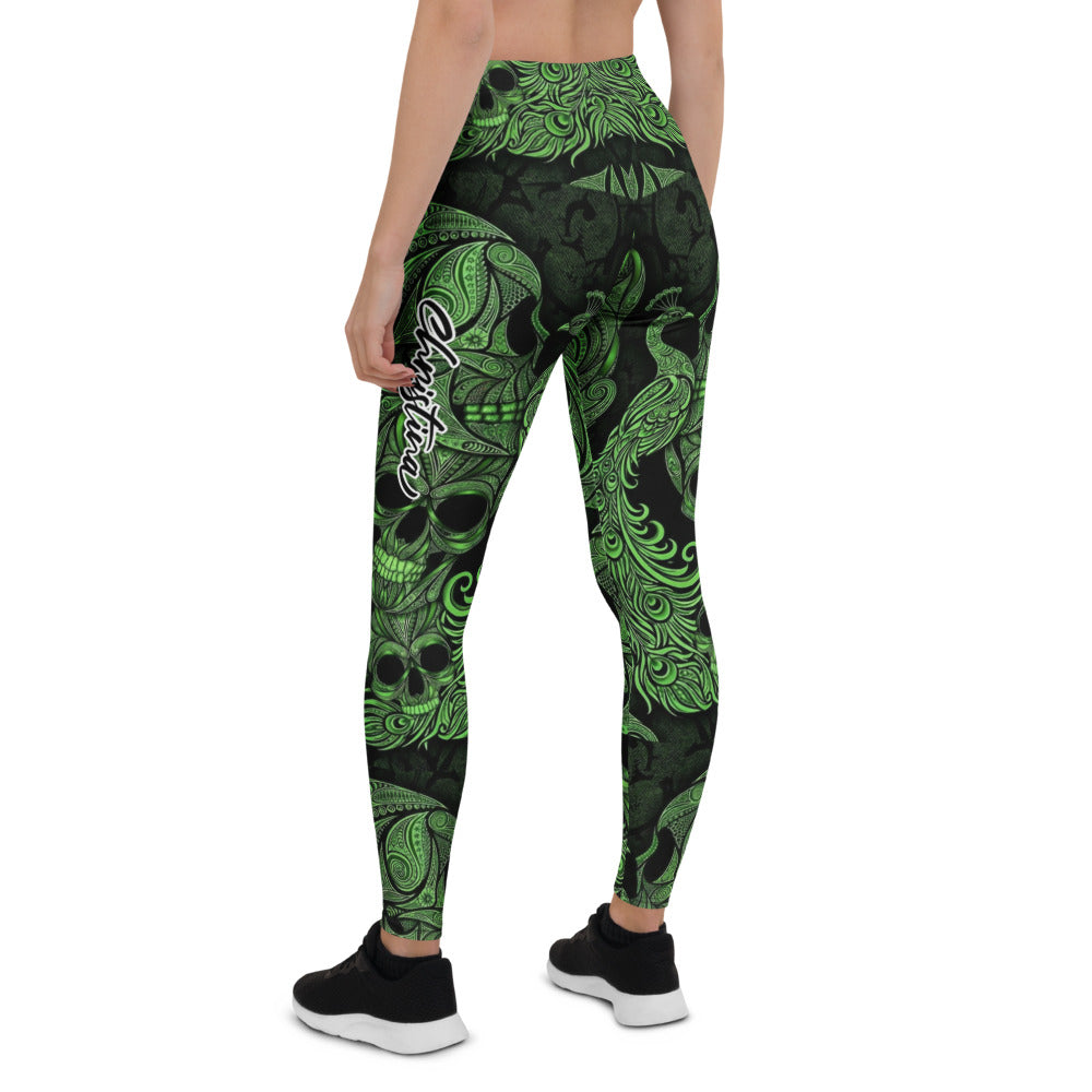 Personalisierte Sportleggings Damen Totenkopf Ornament Design Grün Schwarz Fitness Leggings Yoga Hose X035