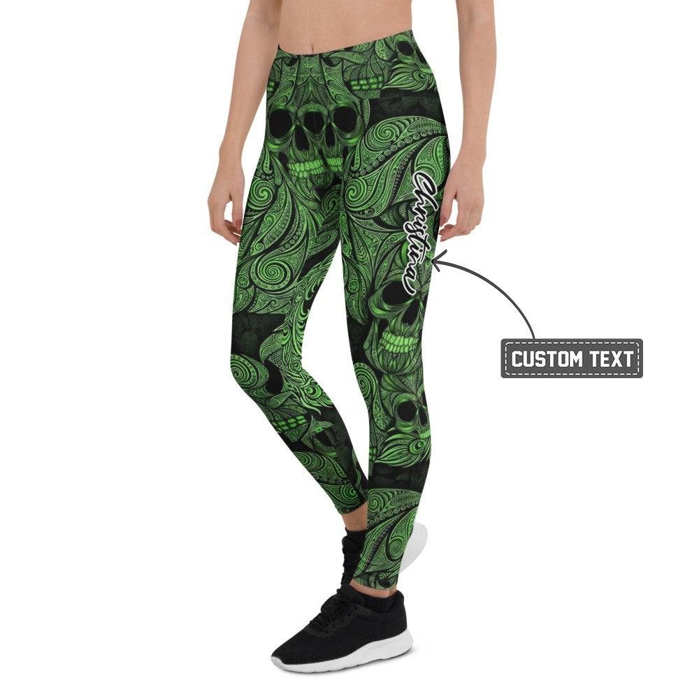 Personalisierte Sportleggings Damen Totenkopf Ornament Design Grün Schwarz Fitness Leggings Yoga Hose X035 - XL