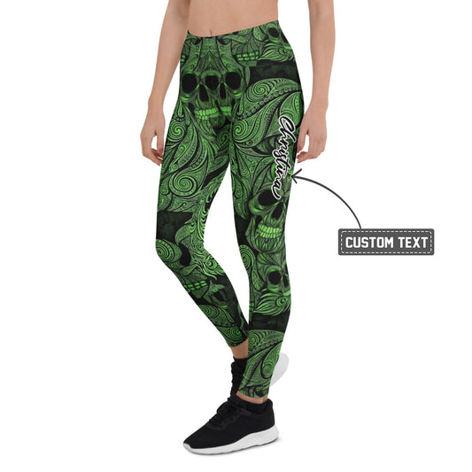Personalisierte Sportleggings Damen Totenkopf Ornament Design Grün Schwarz Fitness Leggings Yoga Hose X035 - XL