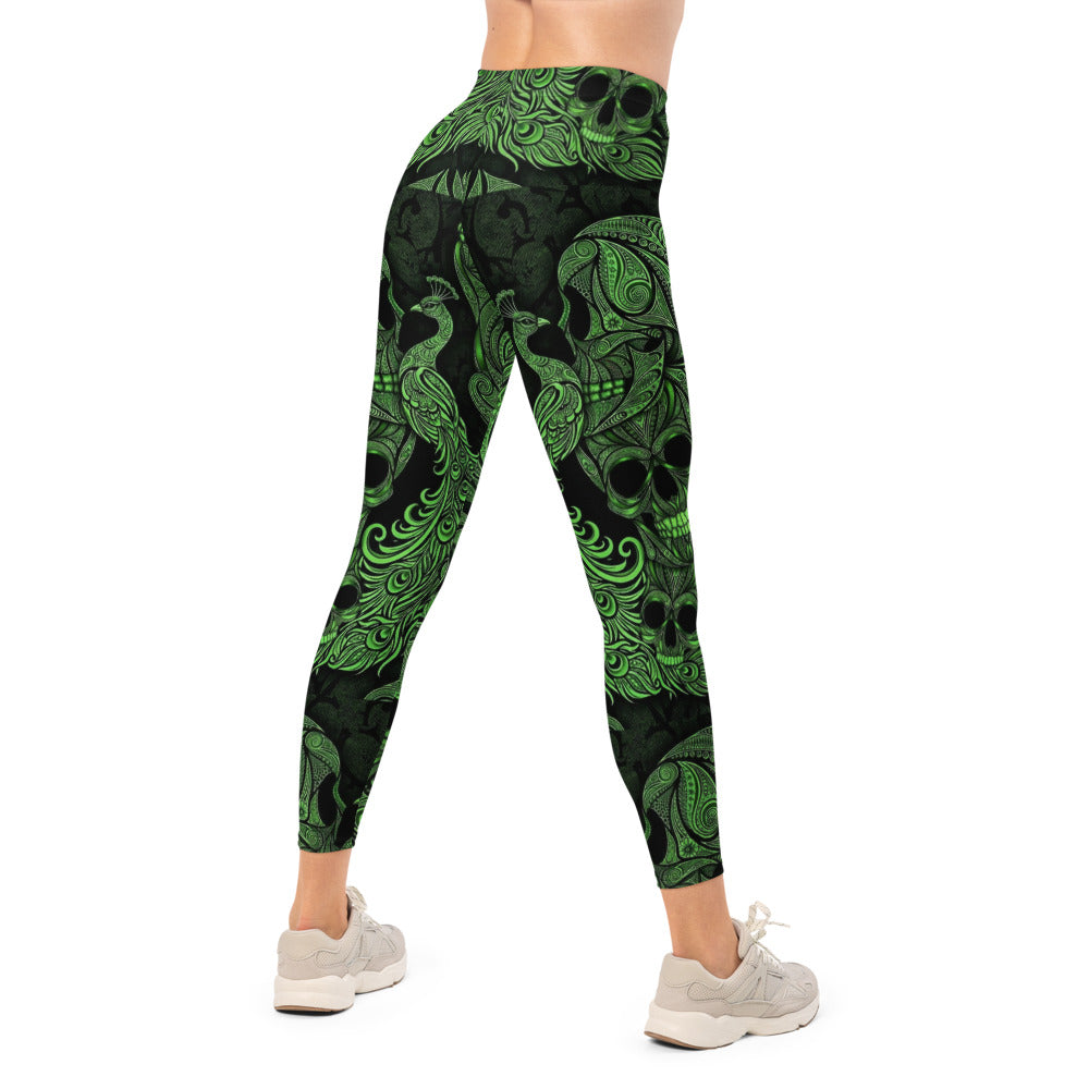 Personalisierte Sportleggings Damen Totenkopf Ornament Design Grün Schwarz Fitness Leggings Yoga Hose X035
