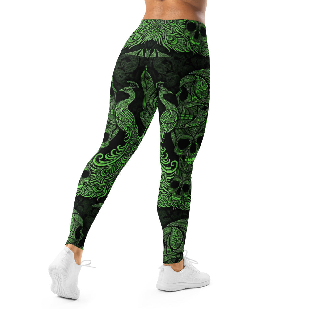 Personalisierte Sportleggings Damen Totenkopf Ornament Design Grün Schwarz Fitness Leggings Yoga Hose X035