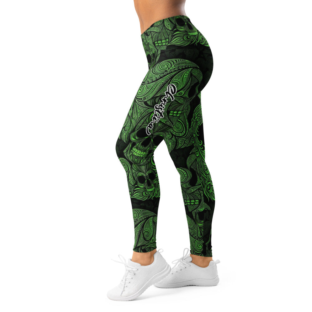 Personalisierte Sportleggings Damen Totenkopf Ornament Design Grün Schwarz Fitness Leggings Yoga Hose X035