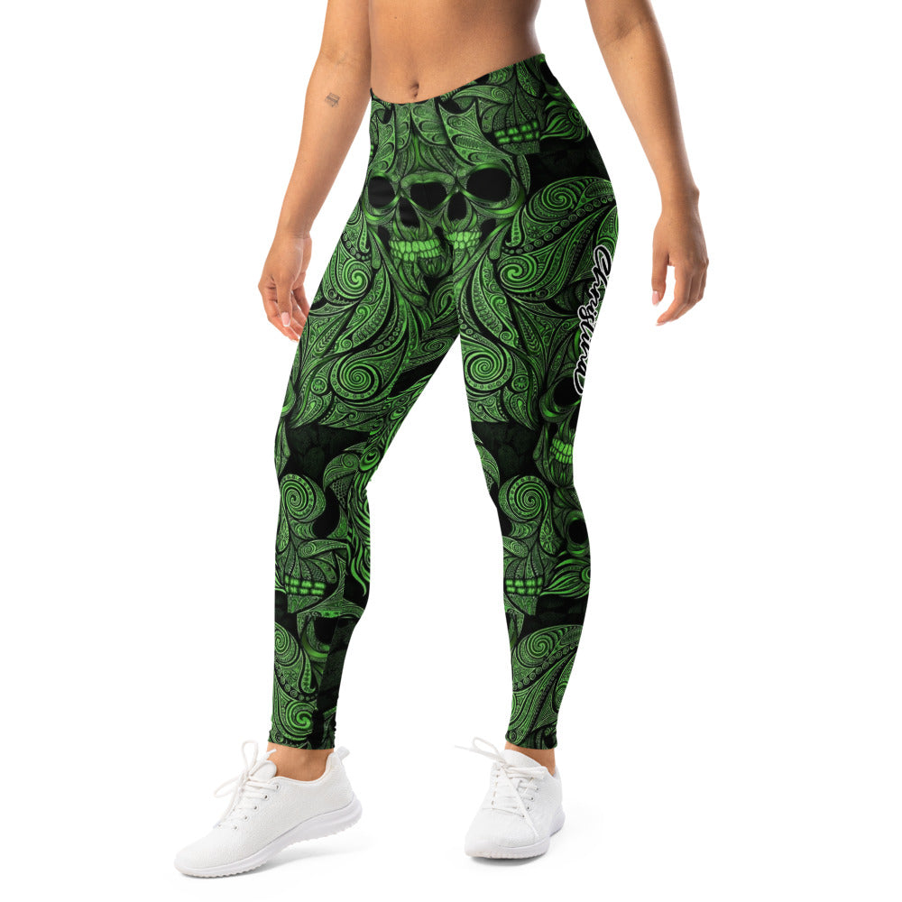 Personalisierte Sportleggings Damen Totenkopf Ornament Design Grün Schwarz Fitness Leggings Yoga Hose X035