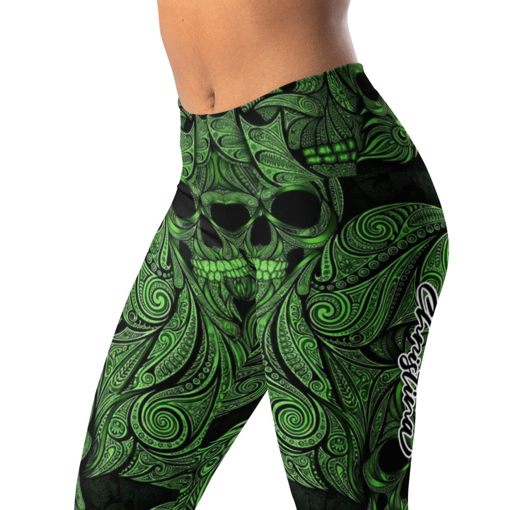 Personalisierte Sportleggings Damen Totenkopf Ornament Design Grün Schwarz Fitness Leggings Yoga Hose X035