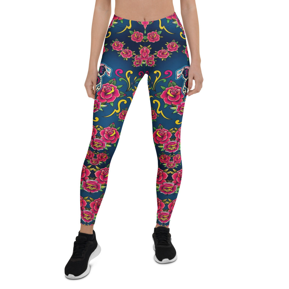 Personalisierte Damen Sportleggings Tattoo Design Rosen Totenkopf Blau Fitness Yoga Leggings E581